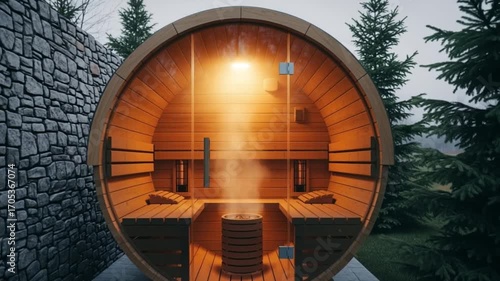 A wooden  barrel sauna cabin with a circular design, illuminated from within. Surrounded by evergreen trees, it offers a serene atmosphere for relaxation.