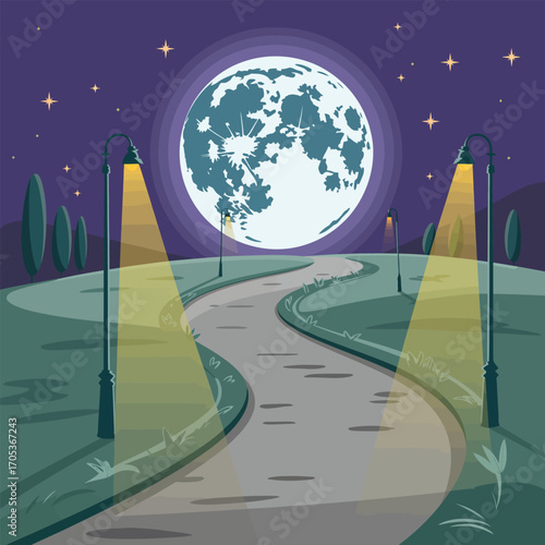 Winding park path illuminated by streetlights under a large full moon night road