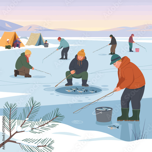 Winter ice fishing with multiple people in tents and catching fish vector illustration