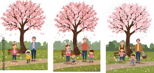 Children and families celebrating Easter under cherry blossom trees, spring outdoor egg hunt, festive decorations, family picnic, holiday joy