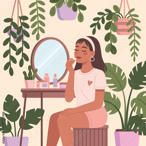 Woman applying lip balm in front of mirror surrounded by plants Keywords: woman, applying, lip