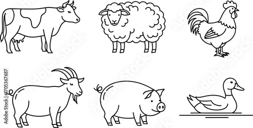 Farm animals line art illustration set of domestic animals like cow, sheep, rooster, goat, pig and duck