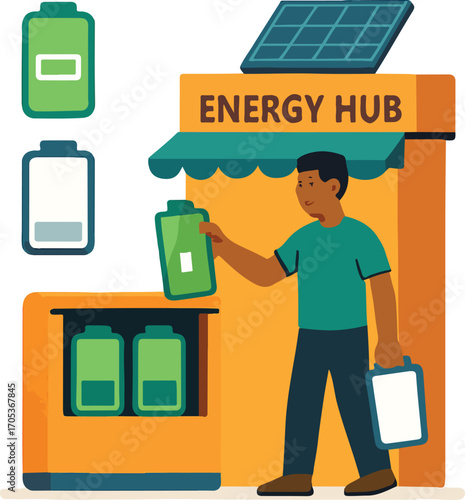 Neighborhood tech lead swapping modular battery cartridges at a tiny energy hub kiosk Illustration