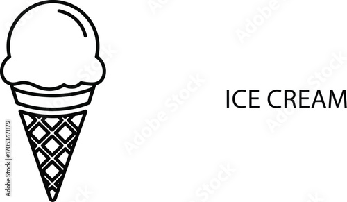 Ice cream cone line art, sweet dessert with waffle cone and scoop of ice cream