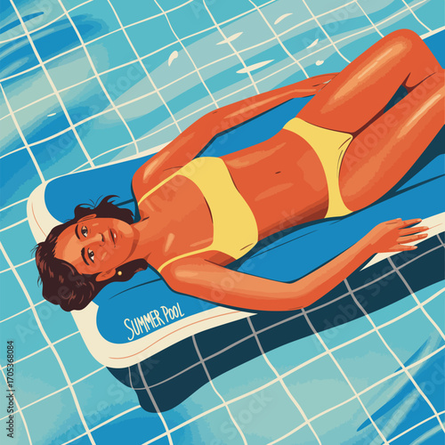 Woman in yellow bikini floating on blue inflatable raft in pool vector illustration