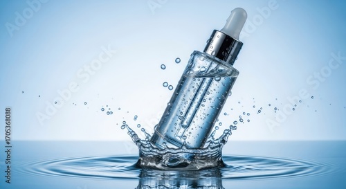 Serum bottle splashing in water, skincare product concept, beauty.