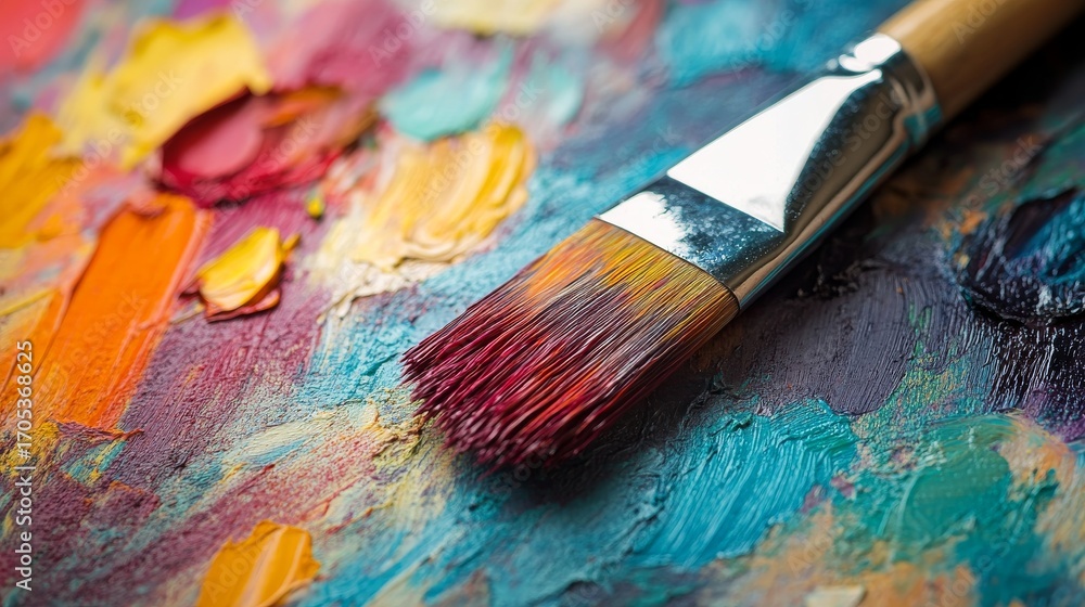 Obraz premium A paintbrush with red paint lies on a colorful palette with various shades of oil paints.