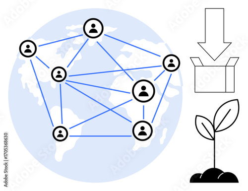 Connected people icons over world map represent a global network. Beside are a seedling symbolizing growth and an open box with a downward arrow for delivery. Ideal for collaboration, innovation