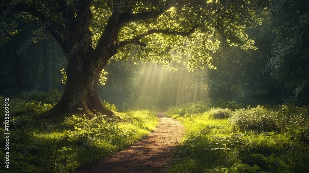 Fototapeta premium A path through a forest, with sunlight shining through the leaves of a large tree.