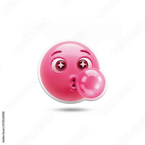 3D vector icon, emoji bubble gum face blowing bubble, cute glossy 3D sticker
