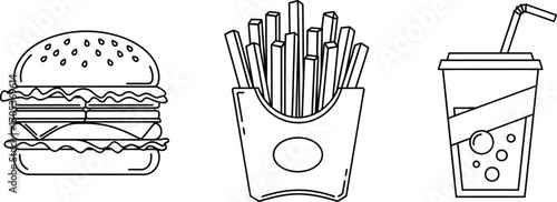 Fast food menu with hamburger, french fries and drink in outline style 
