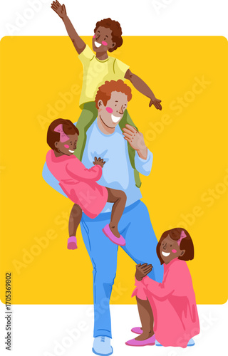 A dad is playing around with his kids. Vector illustration.