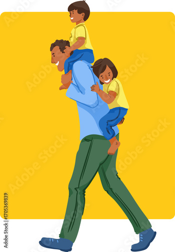 A dad is playing around with his kids. Vector illustration.