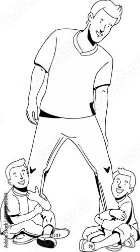 A dad is playing around with his kids. Vector illustration. Black and white illustration.