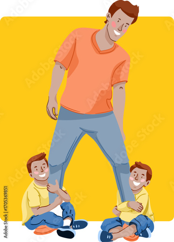 The children are playing around with their father. Vector illustration.