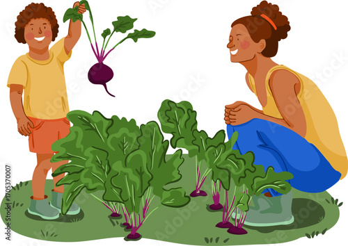 A mom is watching her child pull out beets. Vector illustration.