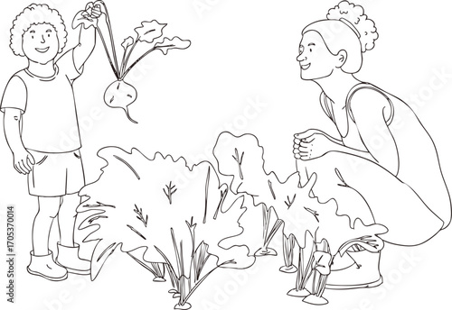 A mom is watching her child pull out beets. Vector illustration.
