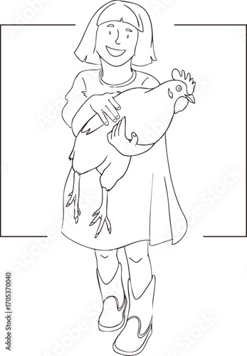 A girl is holding a chicken in her hands. Vector illustration. Black and white illustration.