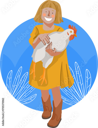 A girl is holding a chicken in her hands. Vector illustration.