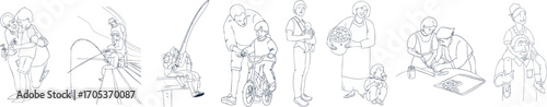 A set of illustrations depicting the relationship between grandparents and grandchildren. Vector illustration. Black-and-white illustration.