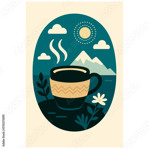 Mountain Morning Coffee – Travel Cafe Oval Badge