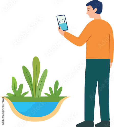 Resident checking a small stormwater retention pocket’s level via an app gauge Illustration