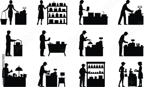 Silhouette of retail workers, cashiers, store clerks, shop assistants, grocery checkout, shopping scenes, supermarket employees, customer service at point of sale stations