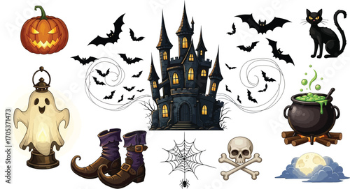 Halloween elements featuring a haunted castle, bats, pumpkin, ghost, cat, cauldron, boots, skull, and moon