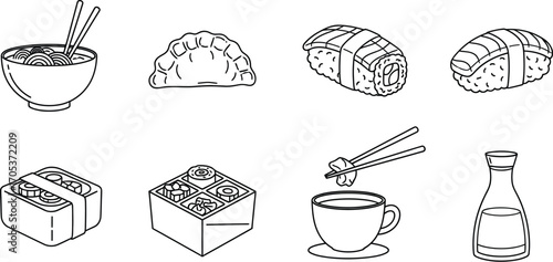 Outline illustration of various japanese food dishes, including sushi, ramen, and gyoza