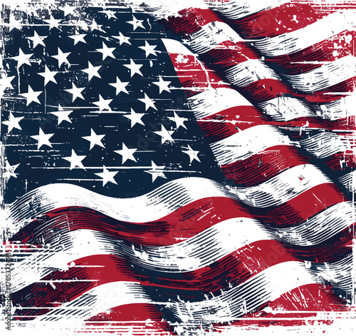  Grunge-inspired depiction of the United States flag displaying a weathered and textured artistic style. Ideal for American-themed designs with a vintage or rustic