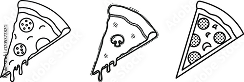 Three slices of pizza with different toppings, a hand-drawn illustration of fast food meal