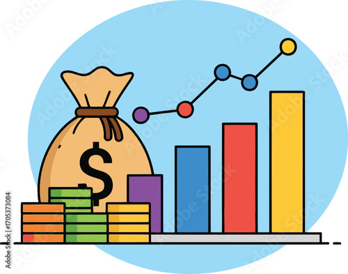 Financial growth chart with rising graph and a bag of money representing profit and investment