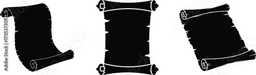 Three black scroll silhouettes on a white background, different shapes.