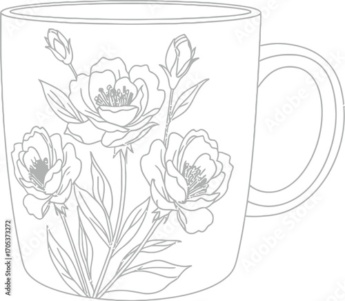 A delicate line drawing of a glass mug adorned with a floral design