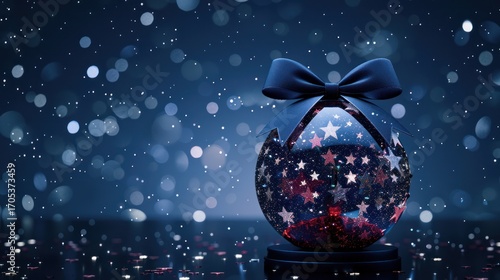 Elegant celestial sphere ornamented with stars and bow on a sparkling blue background
