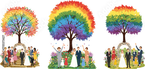 LGBTQ wedding celebration under rainbow trees, diverse couples, family gathering, inclusive love, same-sex marriage, outdoor ceremony, pride, unity, joy