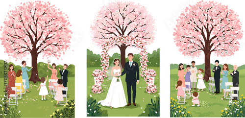 Outdoor wedding ceremony with bride and groom under blooming cherry blossom tree, guests celebrating, spring romance, floral arch, garden marriage event