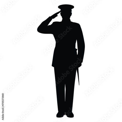 Silhouette of a military officer in uniform saluting with a sword at his side