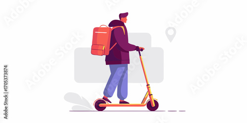Delivery person on an electric scooter with a backpack and a location pin icon in the background