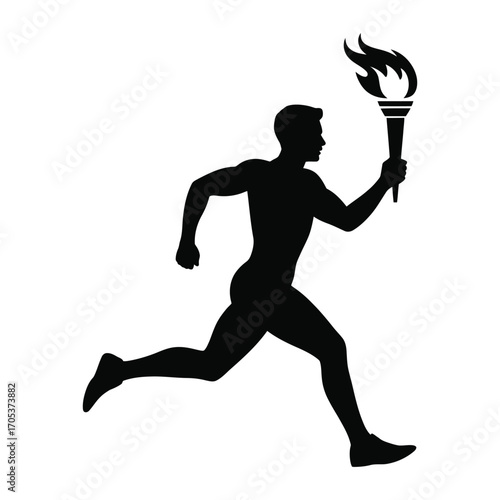 Silhouette of an athlete running with a flaming torch in a dynamic pose