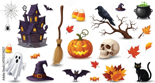 Halloween elements set collection of spooky symbols for holiday celebration, including pumpkin, bat, ghost, skull