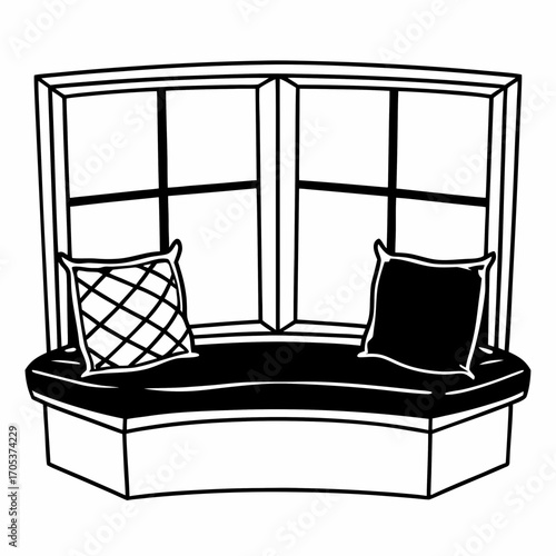Cozy window seat with cushions line art icon
