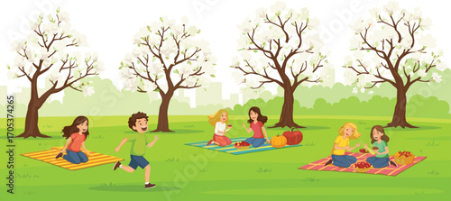 Spring picnic in blooming park, families and friends enjoying outdoor food, playing, relaxing, under white blossom trees, peaceful nature scene