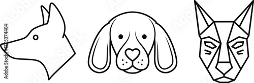 Dog head icons, line drawing of different breeds simple vector illustration of animal