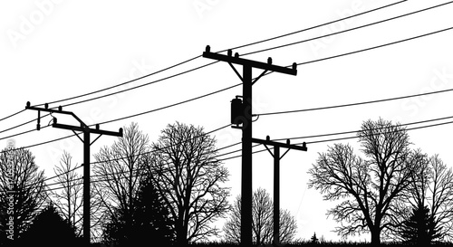 Silhouette of power lines and utility poles, electric wires crossing sky, forest trees background, rural infrastructure landscape, transmission lines vector, high voltage distribution scene
