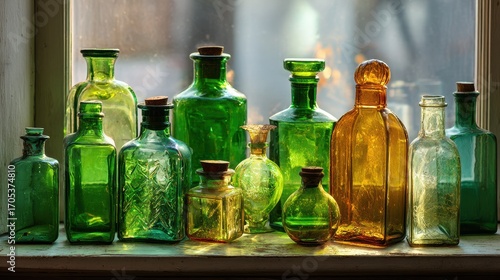 Antique green and amber glass bottles with corks, bathed in sunlight on a rustic windowsill.