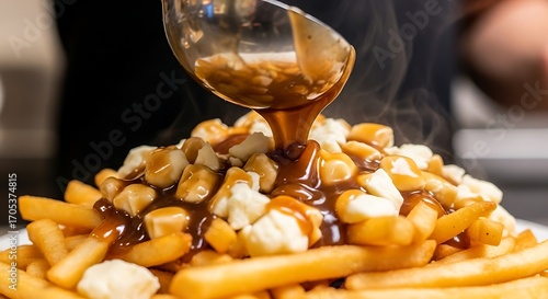 Preparing poutine dish with fresh fries and savory topping