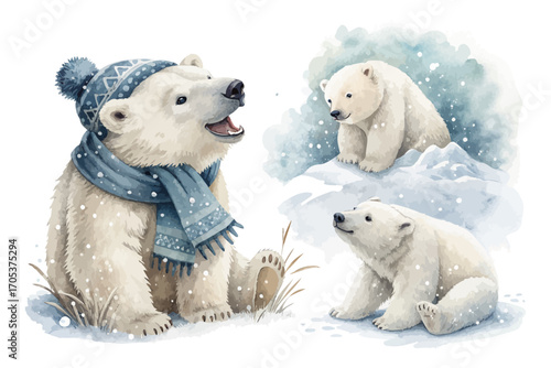 Watercolor polar bear with snow 