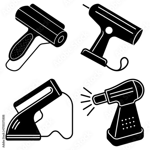 Illustration of four different types of handheld tools including a glue gun and a heat gun and iron
