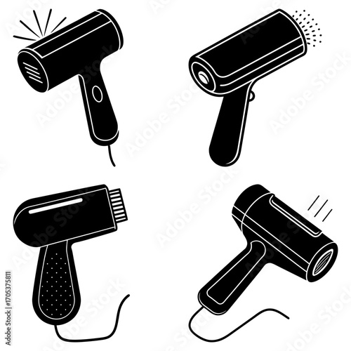 Illustration showcasing four distinct hair dryer designs in a minimalist black and white aesthetic style